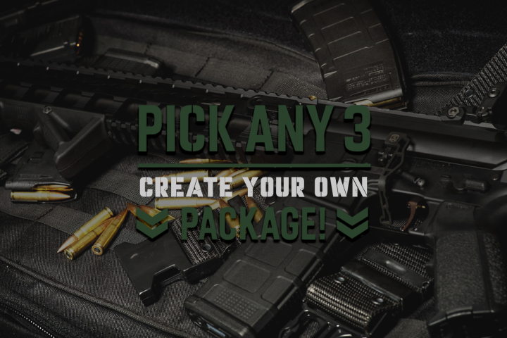 Guns and ammunition arranged with text 'Pick Any 3 Create Your Own Package'.